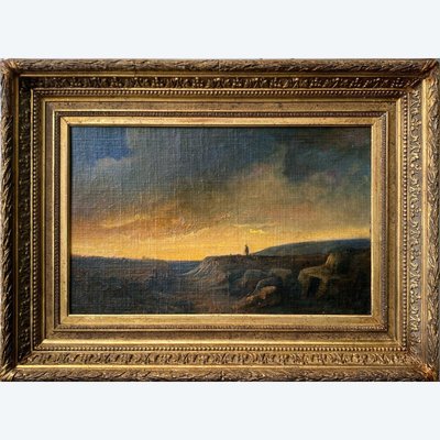 Dipinto del XIX secolo Paesaggio romantico "Pastore solitario al tramonto" HST/P + cornice