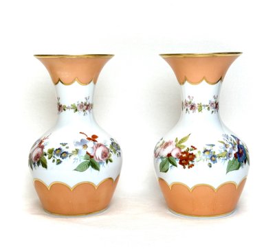 Pair of White Opaline Vases with Flower Decor