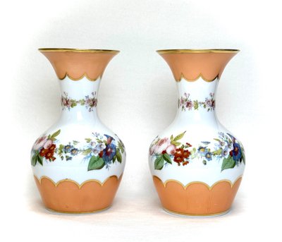 Pair of White Opaline Vases with Flower Decor