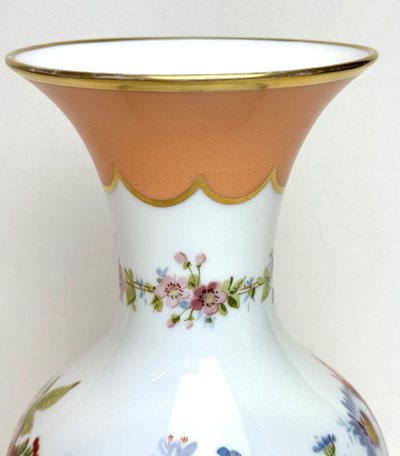 Pair of White Opaline Vases with Flower Decor