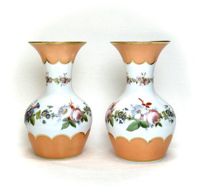 Pair of White Opaline Vases with Flower Decor