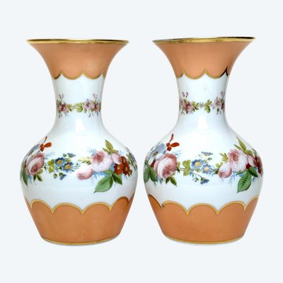 Pair of White Opaline Vases with Flower Decor