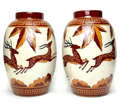 Keralouve - Pair De Vases Art Déco En Faïence Émaillée
