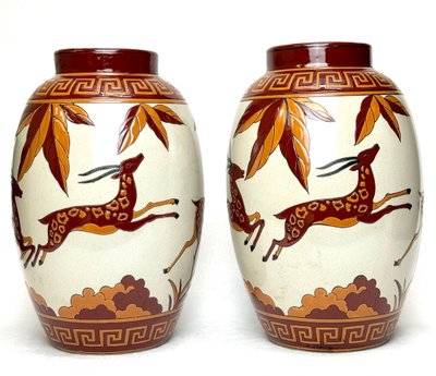 Keralouve - Pair De Vases Art Déco En Faïence Émaillée