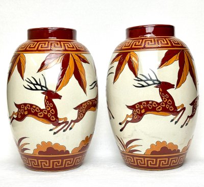 Keralouve - Pair De Vases Art Déco En Faïence Émaillée