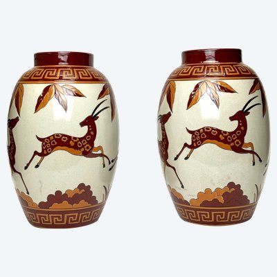 Keralouve - Pair De Vases Art Déco En Faïence Émaillée