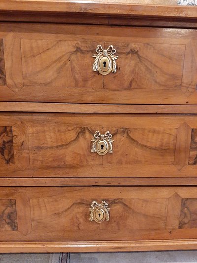 Très belle Commode Style Louis XVI en Ronce de Noyer et Merisier - Période fin XVIII ème