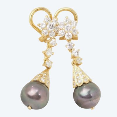 Boucles d'oreilles en or jaune, Diamants et perles de Tahiti