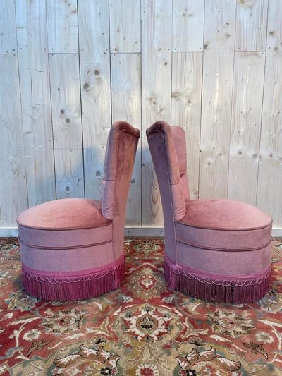 Paire de chauffeuses en velours rose style Napoléon III
