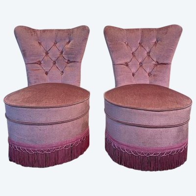 Paire de chauffeuses en velours rose style Napoléon III