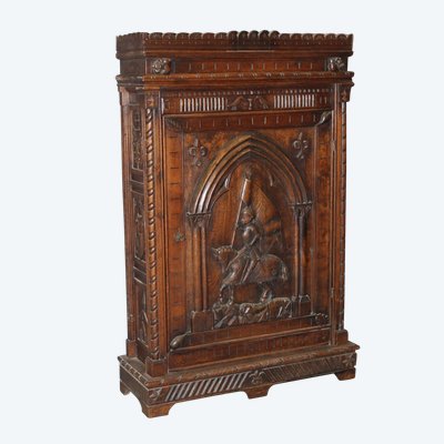 Bonnetière in rovere stile Enrico II con decoro Giovanna d'Arco, fine XIX secolo