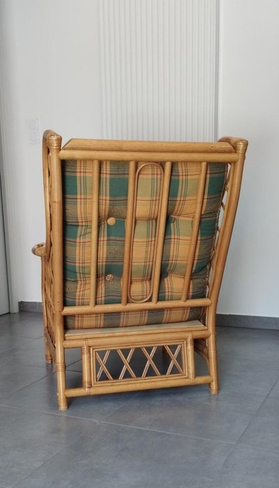 Poltrona vintage in tartan, bambù e rattan
