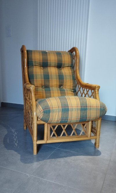 Poltrona vintage in tartan, bambù e rattan