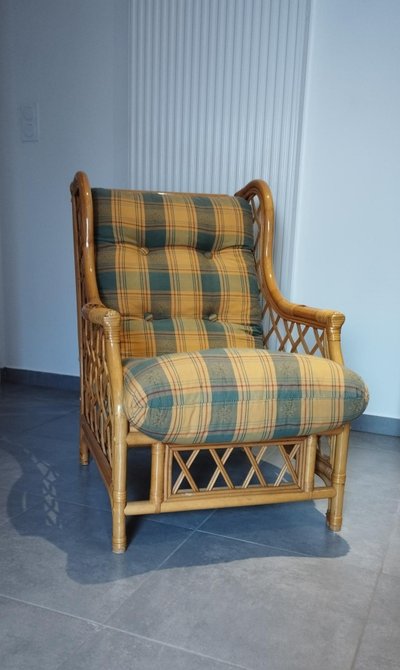 Poltrona vintage in tartan, bambù e rattan