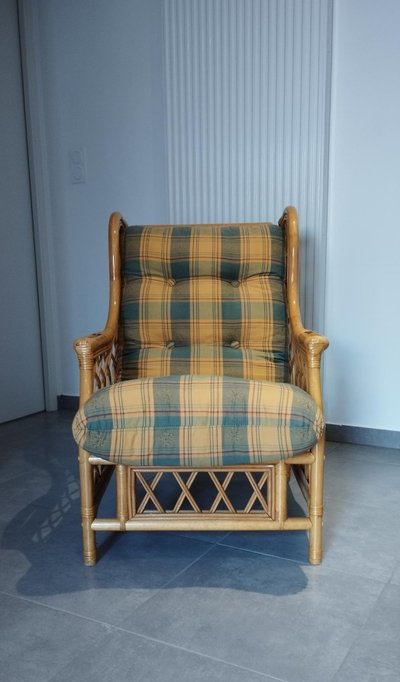 Poltrona vintage in tartan, bambù e rattan