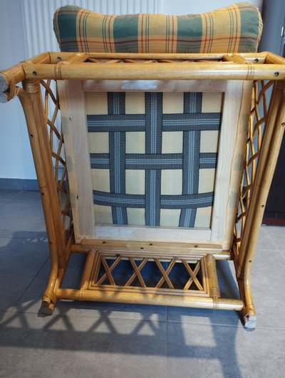 Poltrona vintage in tartan, bambù e rattan