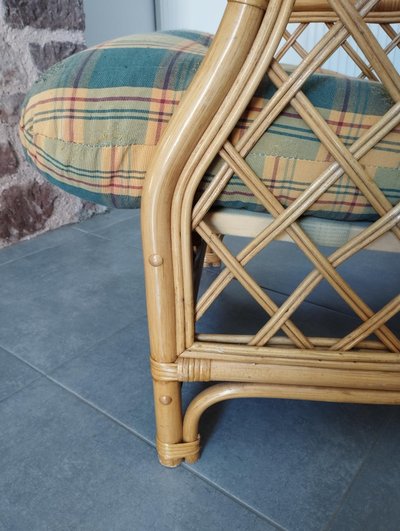 Poltrona vintage in tartan, bambù e rattan