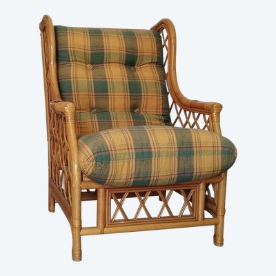 Poltrona vintage in tartan, bambù e rattan