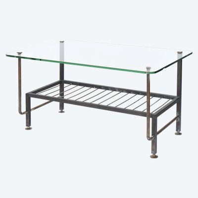 Table basse en métal et plateau verre dans le goût de Pierre Guariche