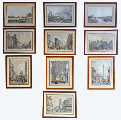 Les monuments de Paris : suite de 10 gravures colorisées d'époque Napoléon III - cadres en acajou
