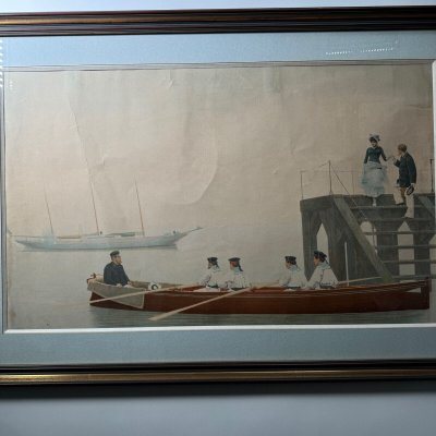 Incisione a colori di marinai e di un'elegante donna del XIX secolo