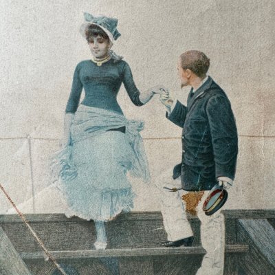 Incisione a colori di marinai e di un'elegante donna del XIX secolo