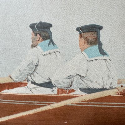 Incisione a colori di marinai e di un'elegante donna del XIX secolo