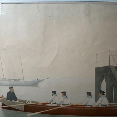 Incisione a colori di marinai e di un'elegante donna del XIX secolo