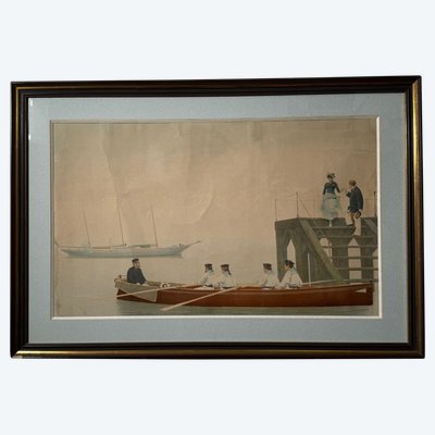 Incisione a colori di marinai e di un'elegante donna del XIX secolo