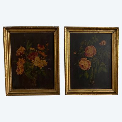 Coppia di nature morte in olio su tavola, fine XIX secolo, mazzi di fiori
