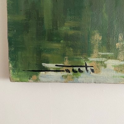 Huile sur toile XXe péniche sur les bords de l'Erdre Nantes