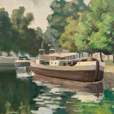 Huile sur toile XXe péniche sur les bords de l'Erdre Nantes