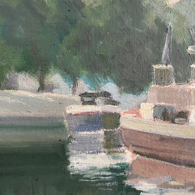 Huile sur toile XXe péniche sur les bords de l'Erdre Nantes