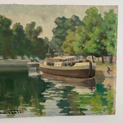 Huile sur toile XXe péniche sur les bords de l'Erdre Nantes
