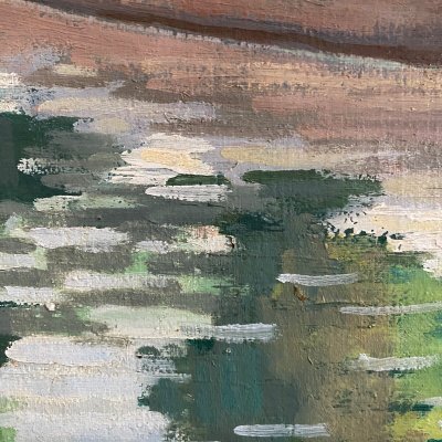 Huile sur toile XXe péniche sur les bords de l'Erdre Nantes