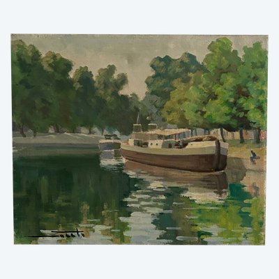 Huile sur toile XXe péniche sur les bords de l'Erdre Nantes
