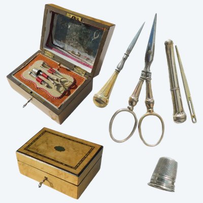 Small Box Sewing Kit Silver Vermeil Embroidery Scissors Thimble Case Needles