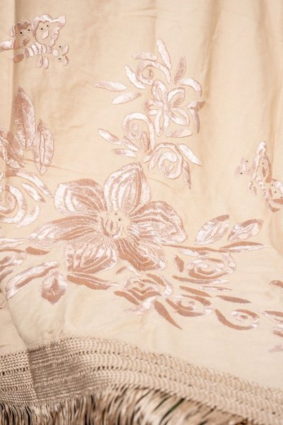 19th-century embroidered tablecloth or shawl with floral and fringe decoration