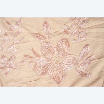 19th-century embroidered tablecloth or shawl with floral and fringe decoration