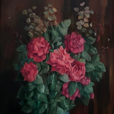 Oil on wood still life bouquet of roses XXth by Mauboussin