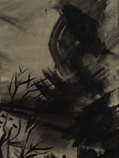 Encre fusain sur papier XXe paysage avec église 1950
