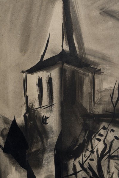 Encre fusain sur papier XXe paysage avec église 1950