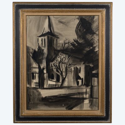 Encre fusain sur papier XXe paysage avec église 1950