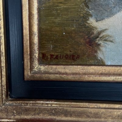 Oil on cardboard by Paul Faugier riverside landscape with poplars