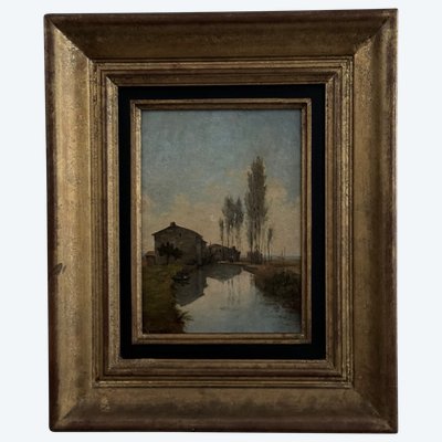 Oil on cardboard by Paul Faugier riverside landscape with poplars