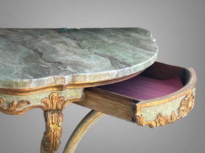 CONSOLE D ANGLE DU XIXe DE STYLE LOUIS XV PEINTE ET DORÉE AVEC DESSUS BOIS