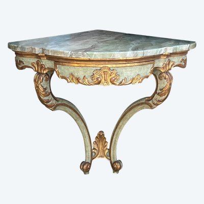CONSOLE D ANGLE DU XIXe DE STYLE LOUIS XV PEINTE ET DORÉE AVEC DESSUS BOIS
