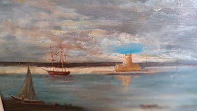 Dipinto olio su tavola Barche a vela e lontano firmato Van-Erch