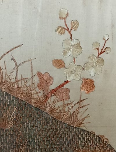 Alte asiatische Seidenstickerei Hahnenkampf