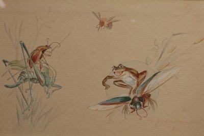 Humorous study 'Frog and insects' gouache drawing signed circa 1920